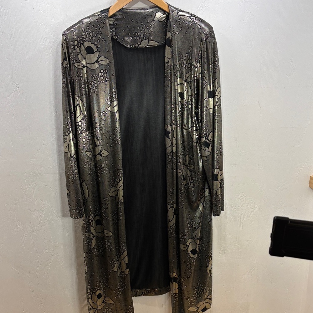 Boho Silver Metallic Floral Long Kimono Style Cardigan Duster Coverup Size 2 XL